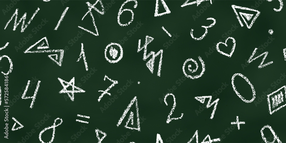 Seamless Pattern of White Chalk Drawn Sketches Numbers on Green Chalkboard.