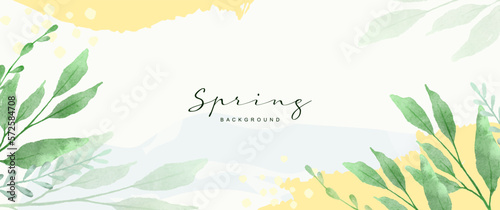 Natural watercolor abstract vector background with green branches and leaves. Art illustration for graphic and web design, presentation, wallpaper, poster, banner, card, print, packaging, beauty 