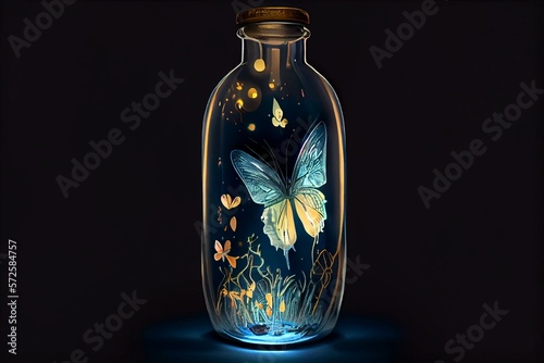 butterfly in the bottle, mystic beautiful bottle, luminous, cartoon style AI Generated