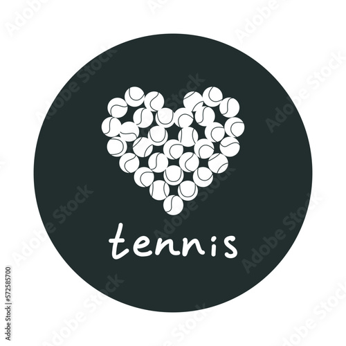 Flat vector silhouette illustration. Hand drawn tennis balls in heart shape. Love tennis
