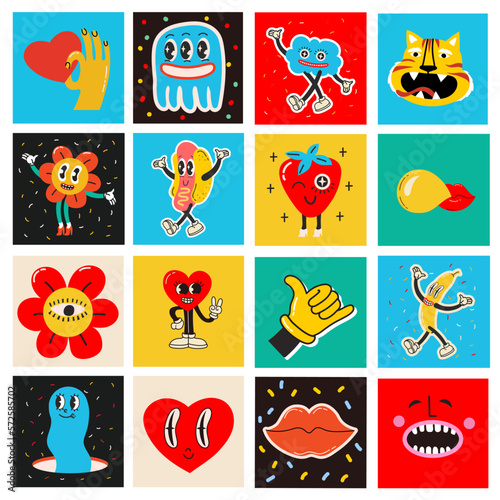 70 s groovy square posters  cards or stickers. Retro print with hippie cute colorful funky character concepts of crazy geometric  dripping emoticon. Only good vibes sentence