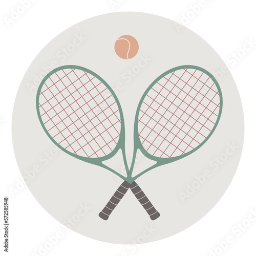 Flat vector illustration in childish style. Hand drawn tennis rackets and a ball for logo.