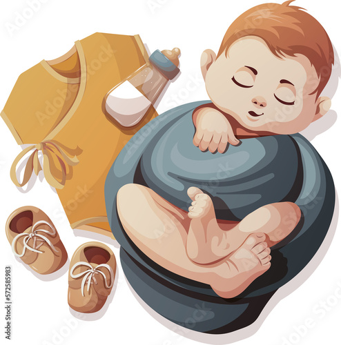 фотографія Sleeping swaddled baby boy, bodysuit, shoes and baby bottle