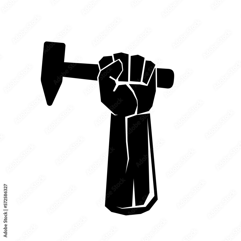 Hand holding hammer. Fist with hammer. Hand with hammer. Construction logo design. Vector