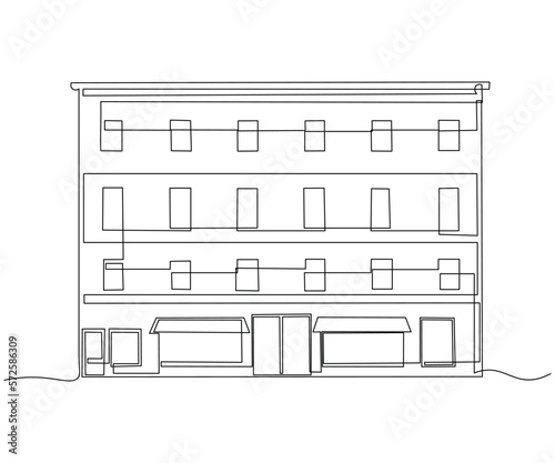 multi-storey house, city, hand-drawn, continuous monoline, drawing in one line