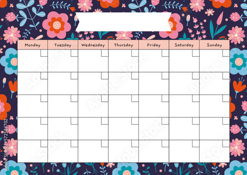 Cute monthly calendar template without numbers, spring vibe and flower pattern, cartoon style. Printable A4 paper sheet, planner. Trendy modern vector illustration, hand drawn, flat