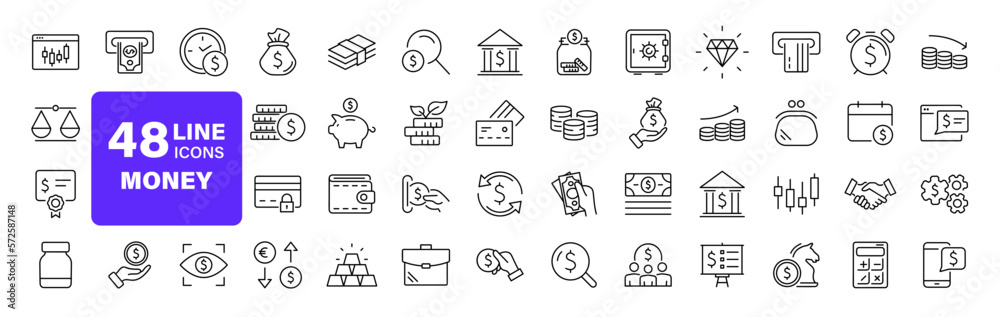 Money and finance set of web icons in line style. Payment and money icons for web and mobile app. Money, dollar, cash, pay, banking, business, finance, coin wallet, credit card. Vector illustration - obrazy, fototapety, plakaty 