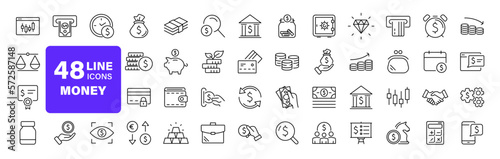 Money and finance set of web icons in line style. Payment and money icons for web and mobile app. Money, dollar, cash, pay, banking, business, finance, coin wallet, credit card. Vector illustration photo