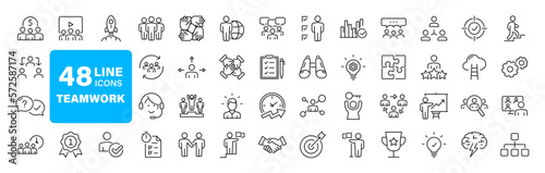 Team work set of web icons in line style. Teamwork and business cooperation icons for web and mobile app. Partnership, synergy, interaction, management, collaboration, meeting, workplace and more.