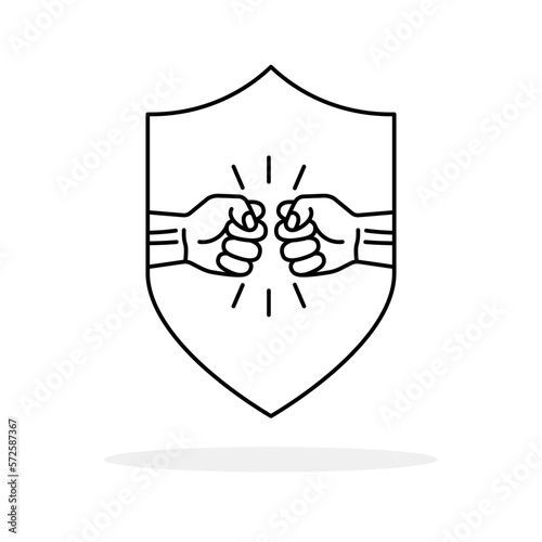 Fist and shield. Punch icon. Fists bumping. Struggle logo. Vector illustration.