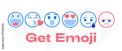 Custom emoji set for social chat reactions. Trendy like, heart, love, laugh, kisses, wonder, sad, and angry head emoticons. Send emotional stickers as message.