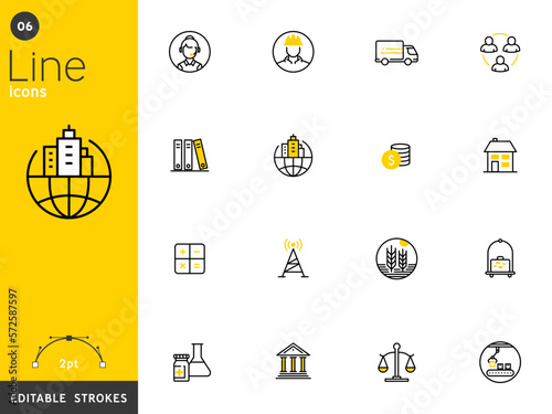 Business, finance, and transportation line icons collection, editable strokes. For mobile concepts and web apps. Vector illustration, clean flat design
