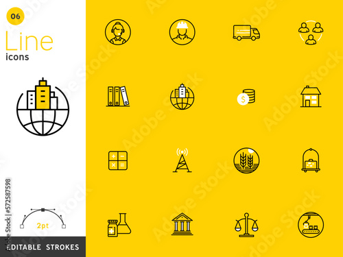 Business, finance, and transportation yellow line icon collection, editable strokes. For mobile concepts and web apps. Vector illustration, clean flat design