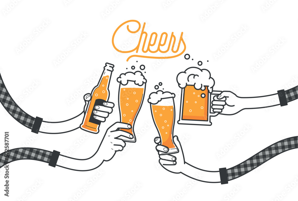 Four hands holding four beer bottles. Clinking glasses in plaid shirt