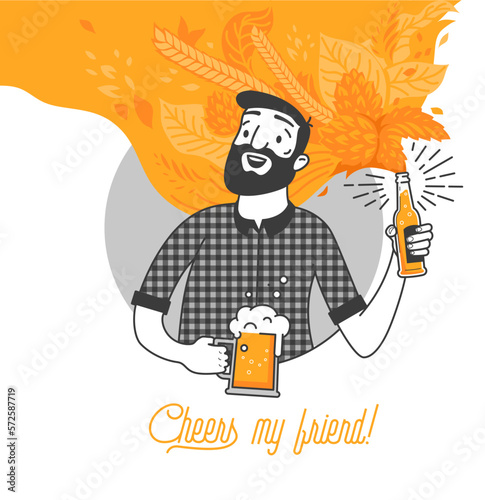 Bearded man drinking cold beer vector illustration and cheers my friend typography design. Hipster man with beard holding a glass and a bottle beer. Clean flat design for bar and menu design.