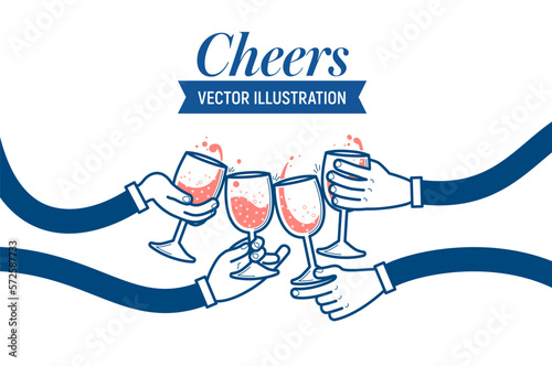 Flat vector illustration of drinking wine and soda water, cheers, clinking glasses, party, four hands. Drink with friends.