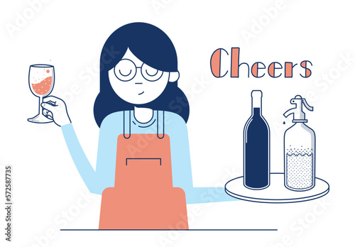 Waitress offers wine with soda to drink, in a bar, vector illustration. Minimal design drinking.