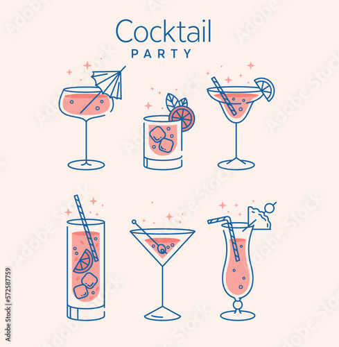 Cocktail glasses minimal vector thin line illustration. Six refreshing cocktails with ice cubes and lemons. Party in the club. Created for menu designs. Set of alcoholic drinks like Mojito or Martini