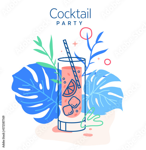 Drinking cold mojito cocktail surrounded with monstera leaves vector illustration. Trendy minimal line design. Pink cocktail set for restaurant illustrations and bar designs.