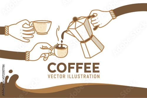 Drinking coffee with friends vector illustration. Coffee break and human hands with a cup os hot coffee. Flat retro style on white background