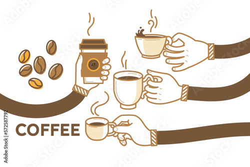 Drink coffee with friends vector illustration. Brew, cappuccino, espresso, beans. Have a break and human hands with a cup os hot coffee. Flat retro style. Enjoy your free time. Good morning.