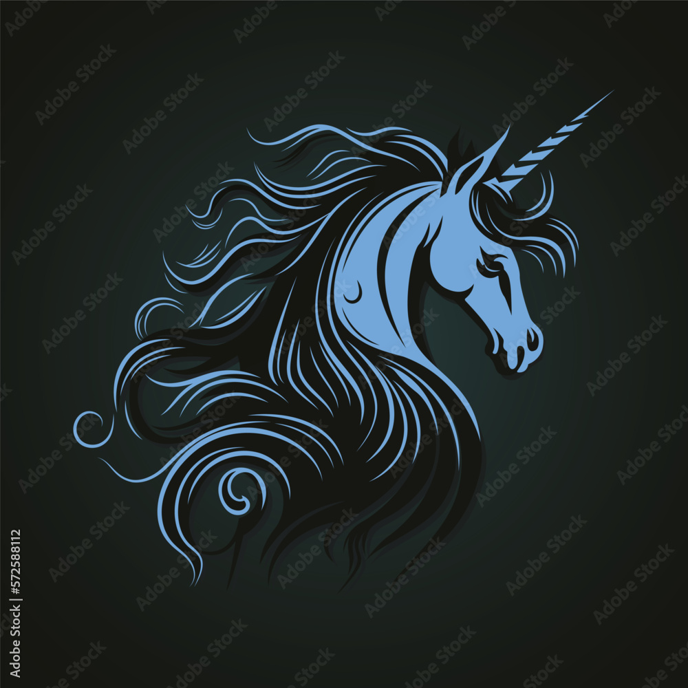 Unicorn Vector Head , Blue illustration of a wild unicorn isolated on dark background. For decoration, print, design, logo, sport clubs, tattoo, t-shirt design, stickers. Vector File