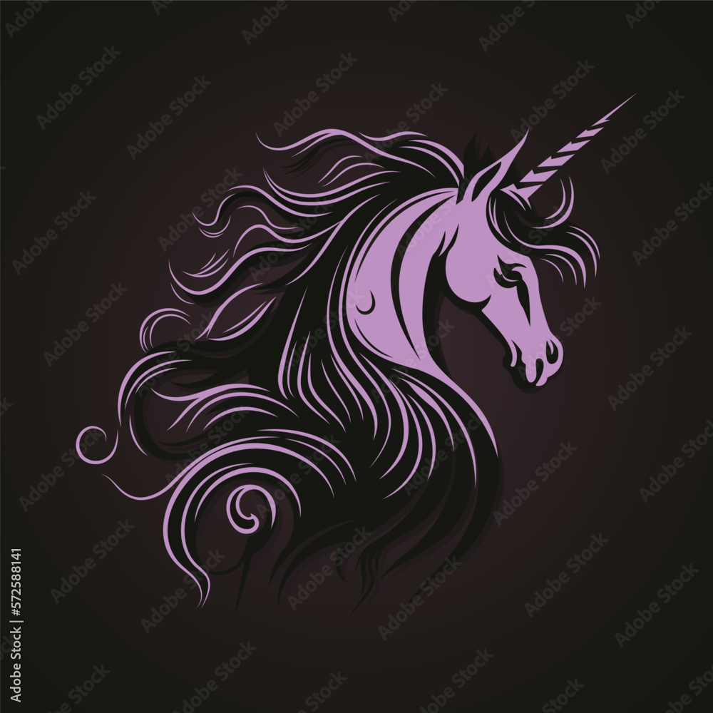 Fototapeta premium Unicorn Vector Head , Illustration of a wild unicorn isolated on dark background. For decoration, print, design, logo, sport clubs, tattoo, t-shirt design, stickers. Vector File