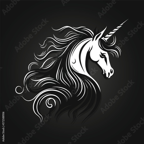 Unicorn Vector Head , black and white illustration of a wild unicorn isolated on dark background. For decoration, print, design, logo, sport clubs, tattoo, t-shirt design, stickers. Vector File