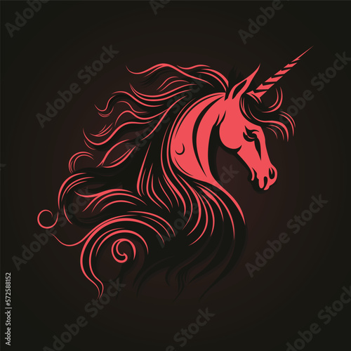 Unicorn Vector Head , Red illustration of a wild unicorn isolated on dark background. For decoration, print, design, logo, sport clubs, tattoo, t-shirt design, stickers. Vector File