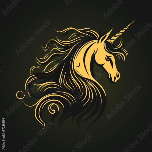 Unicorn Vector Head   Yellow illustration of a wild unicorn isolated on dark background. For decoration  print  design  logo  sport clubs  tattoo  t-shirt design  stickers. Vector File
