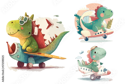cute doodle dinosaur riding a plane with watercolor illustration