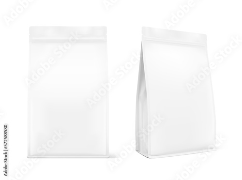 Realistic food bags mockup. Vector illustration isolated on white background.  Front, half side view. Can be use for template your design, presentation, promo, ad. EPS 10.	