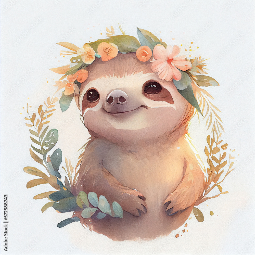 Cute kawaii sloth baby or cub in flowers crown. Watercolor darling tropical  animal character in soft hues for nature, wildlife, or tranquil way of life  concepts. Print, sticker or book illustration ilustración