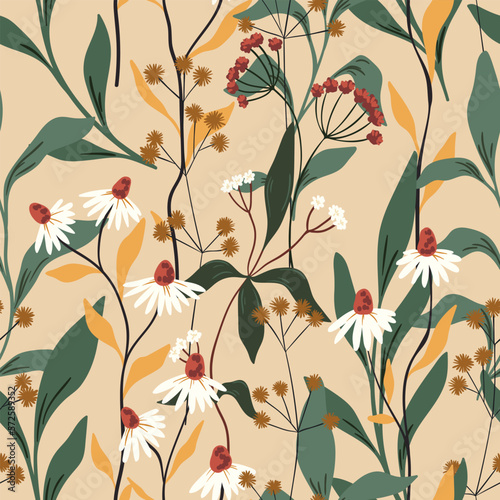 Seamless floral pattern with wild flowers and herbs in vintage style. Elegant botanical print with hand drawn wildflowers, small chamomiles branches, leaves on a light background. Vector illustration.