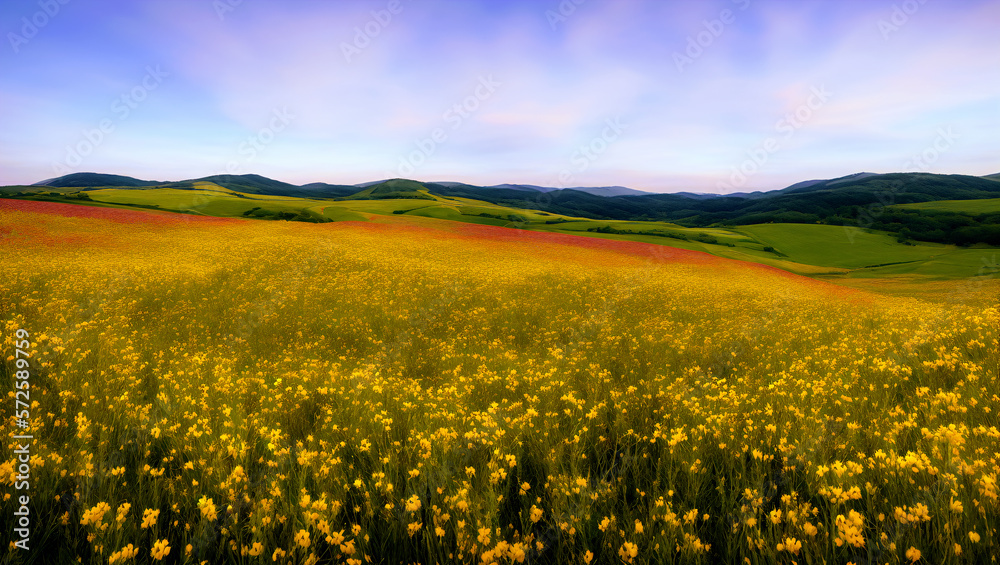 Picturesque Wildflower-Covered Green Grassland Hills Landscape Scene With Golden Hour Pastel Pink/Purple/Blue Sky and Light Clouds For a Peaceful Spring and Earth Day Produced By Generative AI