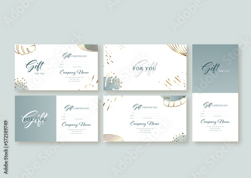 Gift voucher card template. Modern discount coupon or certificate layout with abstract golden art backgrounds and botanical palm leaves Vector illustration.