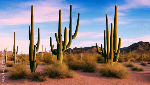 Desert Scene With Field of Tall Saguaro Cactus in the Southwest With Mountains In the Background Under Calm Refreshing Clouds in the Golden Hour With Peaceful Tranquility Produced by Generative AI