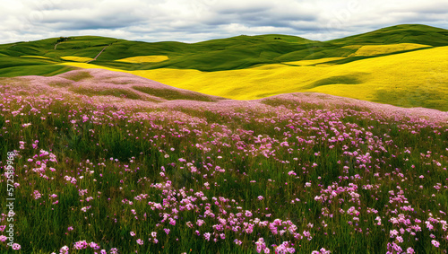 Picturesque Wildflower-Covered Green Grassland Hills Landscape Scene With Golden Hour Pastel Pink/Purple/Blue Sky and Light Clouds For a Peaceful Spring and Earth Day Produced By Generative AI