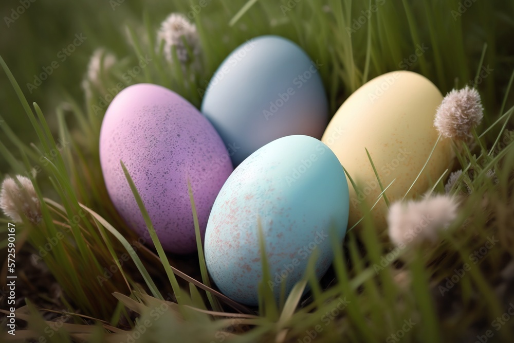 Colorful easter eggs on green grass created with Generative AI technology