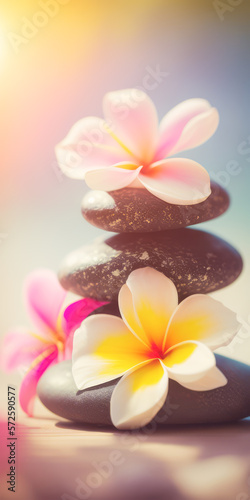 Fleurs de Tiaré Tahiti (Plumeria Frangipanier) et pierres empilées. Bannière zen spa relaxation. Concept Feng Shui. Ambiance salon de beauté massage. Atmosphère calme et reposante. Generative AI