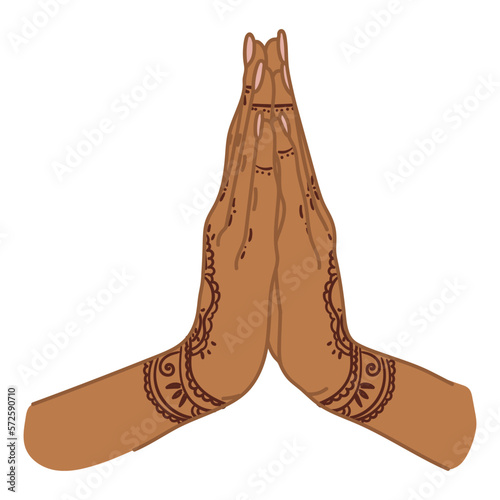 Greeting gesture of the Indian woman's hands in the vector. Mudra Namaste. The ornate hands are folded in a welcoming gesture. Mehendi is a henna decoration on the body. Color vector illustration.