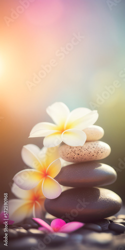 Fleurs de Tiar   Tahiti  Plumeria Frangipanier  et pierres empil  es. Banni  re zen spa relaxation. Concept Feng Shui. Ambiance salon de beaut   massage. Atmosph  re calme et reposante. Generative AI