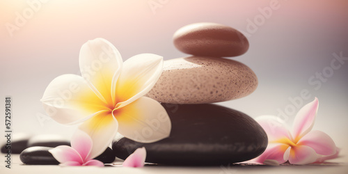 Fleurs de Tiaré Tahiti (Plumeria Frangipanier) et pierres empilées. Bannière zen spa relaxation. Concept Feng Shui. Ambiance salon de beauté massage. Atmosphère calme et reposante. Generative AI photo