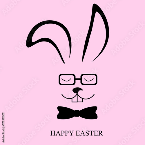 Style easter greeting card with bunny in bow tie. Black rabbit in bowtie and glasses on pink background. Gentleman bunny.