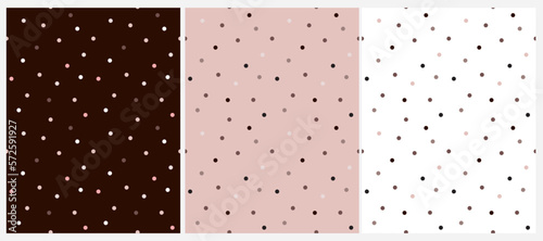 Pink and Brown Seamless Vector Background with Polka Dots. Irregular Geometric Repeatable Dotted Print. Tiny Dots isolated on a Dark Brown, Pastel Pink and White Background. Cute Pattern for Babies.