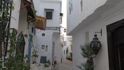 Pan Down View Along Quaint Narrow Street In Tangier Medina With Potted Green Plants Lining Street