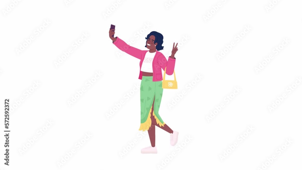 Animated cute girl posing for selfie. Young woman taking self picture on phone. Flat character animation on white background with alpha channel transparency. Color cartoon style 4K video footage Animated cute girl posing for selfie. Young woman taking self picture on phone. Flat character animation on white background with alpha channel transparency. Color cartoon style 4K video footage