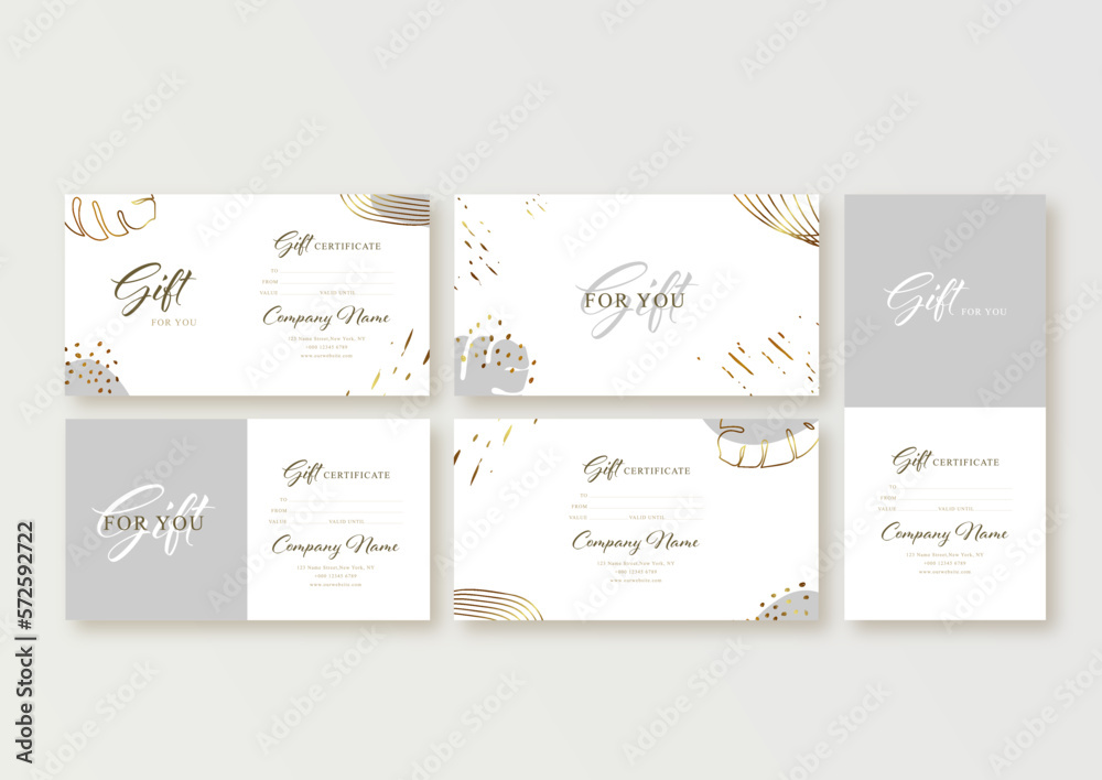 Gift voucher card template. Modern discount coupon or certificate layout with abstract golden art backgrounds and botanical palm leaves Vector illustration.