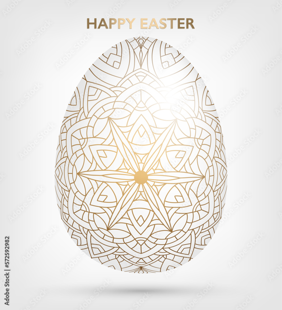 Decorative Easter white egg with golden patterns, mandala. Traditional ornamental floral spring egg. Abstract geometric vector illustration for Easter holiday, greeting card, invitation, web design Decorative Easter white egg with golden patterns, mandala. Traditional ornamental floral spring egg. Abstract geometric vector illustration for Easter holiday, greeting card, invitation, web design