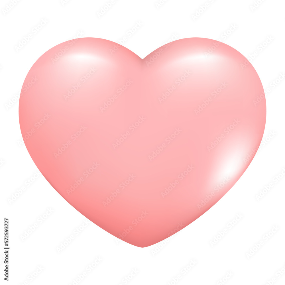 Hand drawn realistic 3d heart. Decorative spring romantic icon love symbol. Happy Valentines Day icon of pink heart. Abstract vector illustration isolated on white background